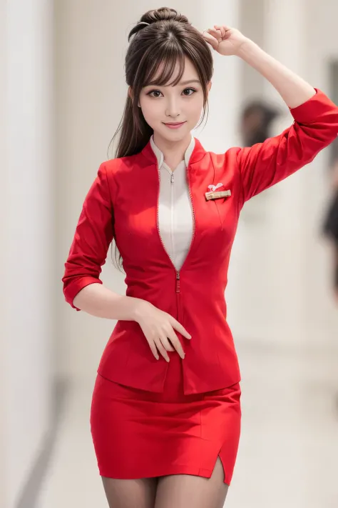 (masterpiece:1.2, highest quality:1.2), 32K HDR, High resolution, (alone、1 girl)、（At the airport lounge、Professional Lighting）、Airport Lounge Background、Beautiful lounge view、（Realistic style with AirAsia flight attendant uniforms）、（AirAsia uniform unzippe...