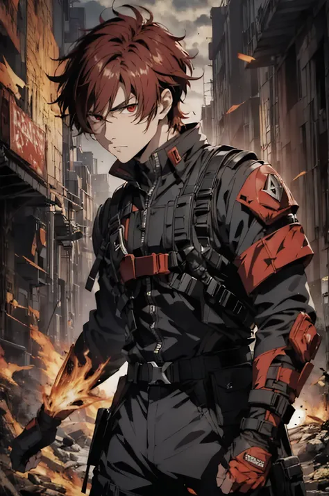 (absurdres, highres, ultra detailed), masterpiece, best quality, a man in a black outfit, red hair, battojutsu stance, solo, handsome, finely eye, detailed face, short hair, vibrant red eye, ruined city, dark background, from below, look down, cowboy shot,...