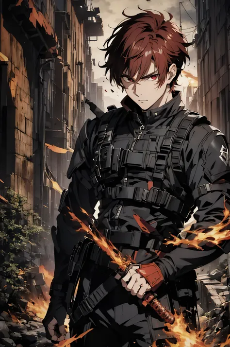 (absurdres, highres, ultra detailed), masterpiece, best quality, a man in a black outfit, red hair, battojutsu stance, solo, handsome, finely eye, detailed face, short hair, vibrant red eye, ruined city, dark background, from below, look down, cowboy shot,...