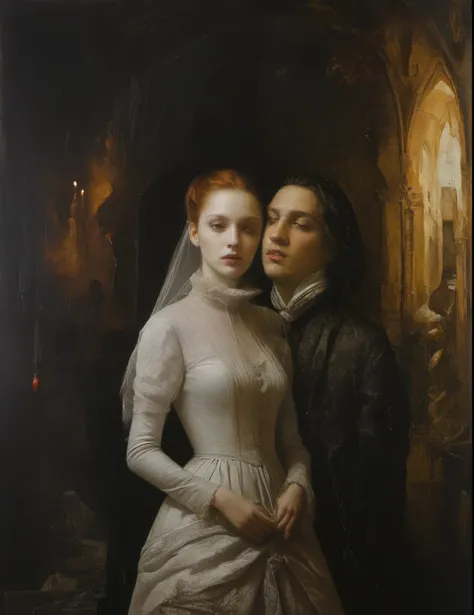 James Gurney, Surrealist art , dream-like, Mysterious, Provocative, symbolic, Complex, detailed,, (Gothic but very beautiful:1.4), (masterpiece, highest quality:1.4) , Nicola Samori Style, spouse, Couple