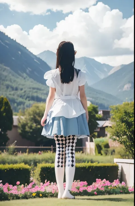 1 girl，checkered leg socks,(background: garden),looking at the audience,photopractical,practical,solitary,outdoor:1,flowers,blue...