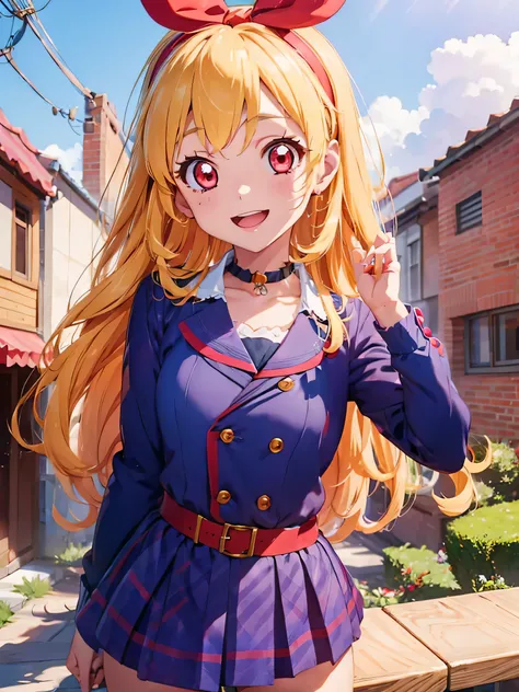 aikatsu, 1girl, hoshimiya ichigo, blonde hair, open mouth, smile, solo, red eyes, long hair, microphone, looking at viewer, idol, bow, wings