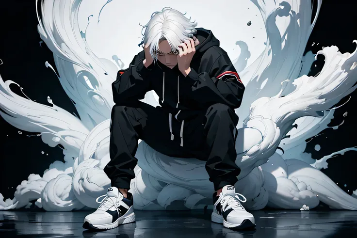 black aesthetic background, a hero wear hodie, white hair, sad expression, his hair cover his face, full body photoshot, using white sneakers, sad expression, smoking, masterpiece, detailed, 8K wallpaper