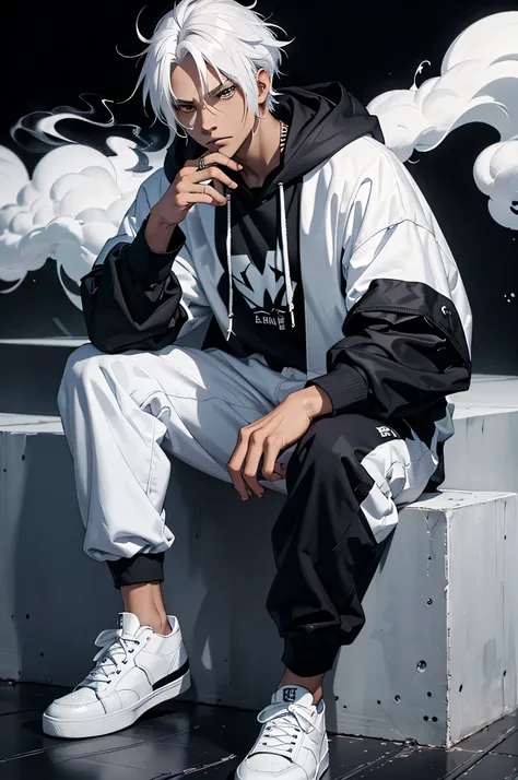 black aesthetic background, a hero wear hodie, white hair, relax expression, his hair cover his face, full body photoshot, using white sneakers, sad expression, smoking, masterpiece, detailed, 8K wallpaper