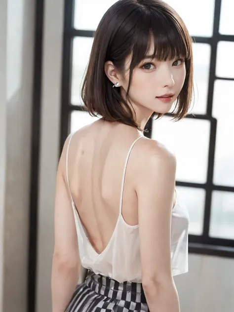 (From the back:1.4、Tabletop:1.4、highest quality:1.4、Best image quality:1.4、Cute beautiful adult woman, Beautiful symmetrical face、Adult smile:1.4、Beautiful Teeth、Lip gloss、Short Brunette Bob、Shiny shiny hair、Has shiny bangs:1.4、bangs:1.4、length, shiny shor...