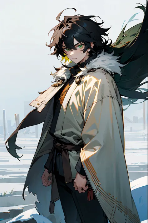 1male , Black Hair , Messy Hair , Green Eyes , Standing on path in a snowy tundra , Combat Clothing , Chief’s Coat , Fur Coat , Serious Expression , 