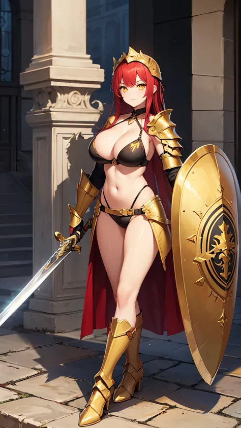 1girl, armor, red_hair, weapon, long_hair, golden_helmet, solo, sword, huge_shield, breasts, bird, shoulder_armor, golden_bikini_armor, glowing, yellow_eyes, cleavage, boots