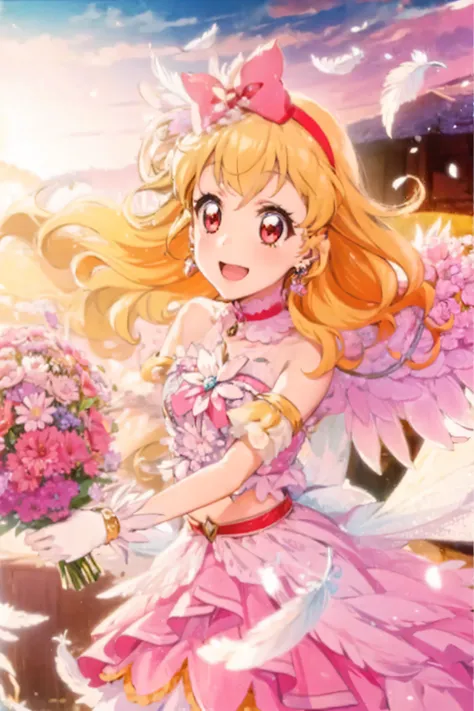 illustrated anime image of cute girl with wings holding a bouquet of flowers, 1girl, hoshimiya ichigo, flower, solo, blonde hair, feathers, red eyes, jewelry, open mouth, smile, earrings, gloves, long hair