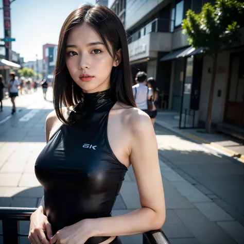 (8k:1.27), best quality, masterpiece, ultra-high-res:1.2) Photo of Pretty Japanese woman (beautiful:1.1)a gorgeous Japanese woman wearing a skintight royal blue high-neck swimsuit, , Focus Clear: 1.2, Outstanding Style: 1.4, Slender Abs: 1.2, ((Black Hair,...