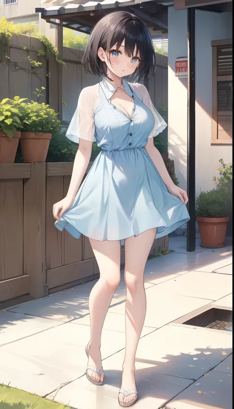 One Girl、positive、Standing posture、Full body portrait、Black Hair、Medium Haircut、blush、Absolute area、No panties、No bra、barefoot、Light blue dress、(Very large breasts)、Cleavage、((Lesbians around the world))、masterpiece、(highest quality)、
Panties around the an...
