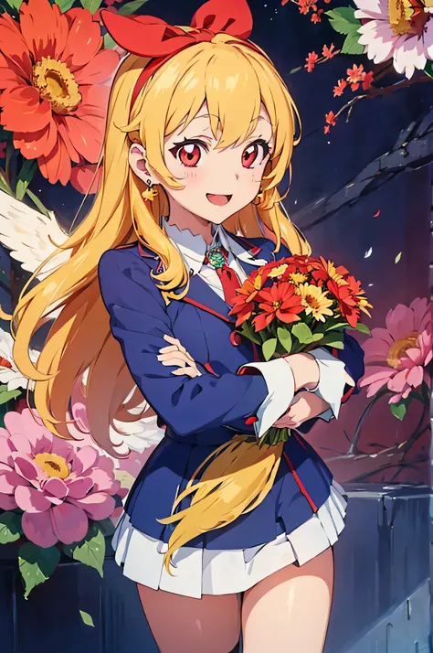 illustrated anime image of cute girl with wings holding a bouquet of flowers, 1girl, hoshimiya ichigo, flower, solo, blonde hair, feathers, red eyes, jewelry, open mouth, smile, earrings, gloves, long hair