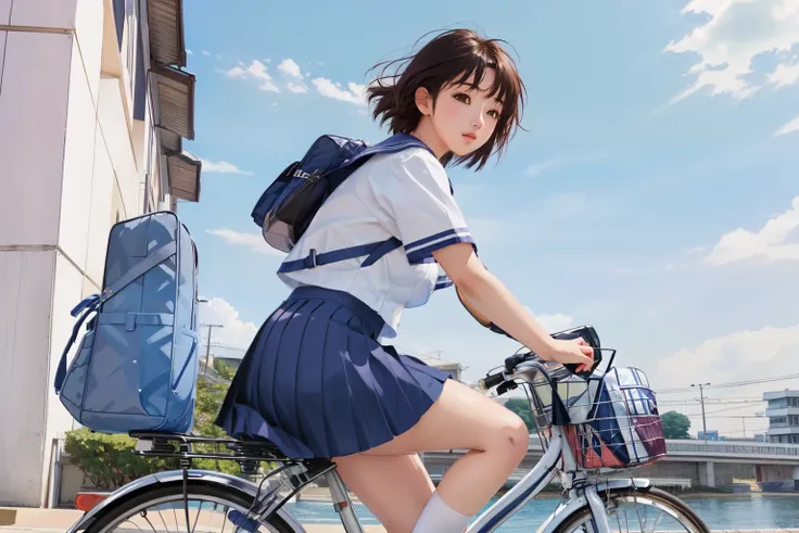 (masterpiece, highest quality:1.2), reality、4k anime art、high school girl riding a bicycle, alone、whole body、short hair、white sa...