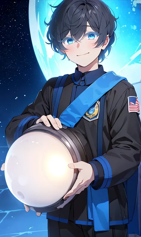 male,standing,black Hair, dark blue eyes,Handsome, Astronaut uniform , close up photo 