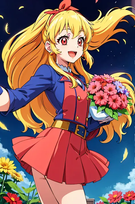 illustrated anime image of cute girl with wings holding a bouquet of flowers, 1girl, hoshimiya ichigo, flower, solo, blonde hair, feathers, red eyes, jewelry, open mouth, smile, earrings, gloves, long hair