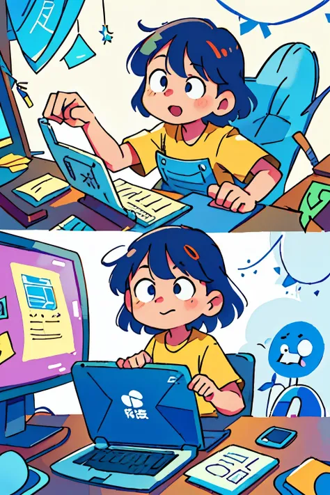 A child-friendly, whimsical illustration style of a person engrossed in using a computer, displayed in vibrant hues reminiscent of a childrens book. The character, with expressive facial expressions and dynamic poses, is depicted with soft lines that exude...