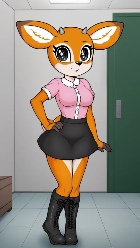 TsunodaAOXL, anthro furry, furry female, orange fur, two-tone fur, big eyes, black eyes, sparkling eyes, snout, deer ears, grey short horns, tail, medium breasts, pink blouse, short sleeves, black skirt, black boots, solo, standing, looking at viewer, indo...