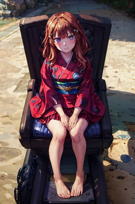 (Masterpiece, Best Quality:1.2), solo, 1girl, Itsuki  ,unamused, closed mouth, looking a viewer, hand on our face, sitting, Short black kimono ,big thighs,crossing leg