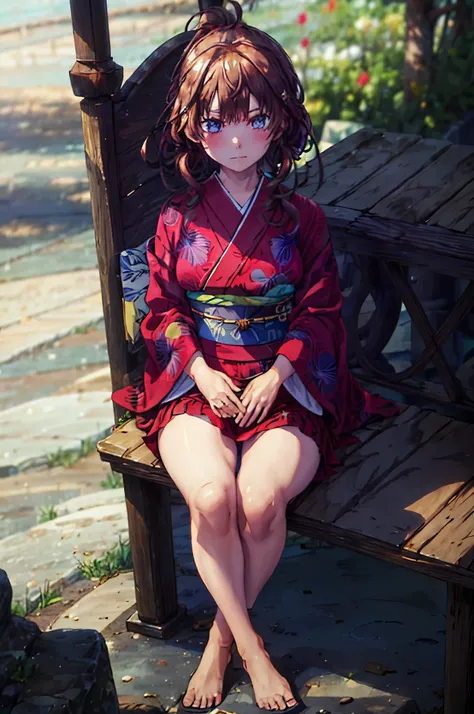 (Masterpiece, Best Quality:1.2), solo, 1girl, Itsuki  ,unamused, closed mouth, looking a viewer, hand on our face, sitting, Short black kimono ,big thighs,crossing leg