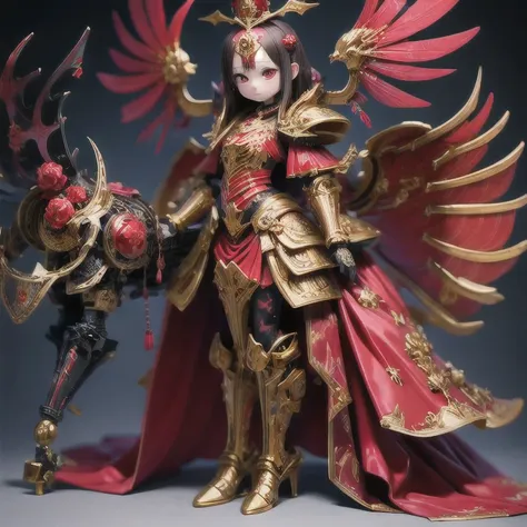 araffe skeleton in a red and gold costume with wings, saint skeleton queen, red demon armor, lady in red armor, wearing a skelet...