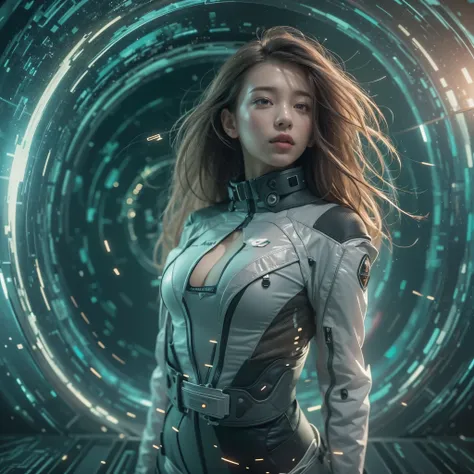 Best quality，masterpiece，16k,Artistic，Polar coordinates，In the curved space-time channel，In the space-time wormhole，Science Fiction，Complex structure，1girl，Dynamic poses，Looking at the camera，