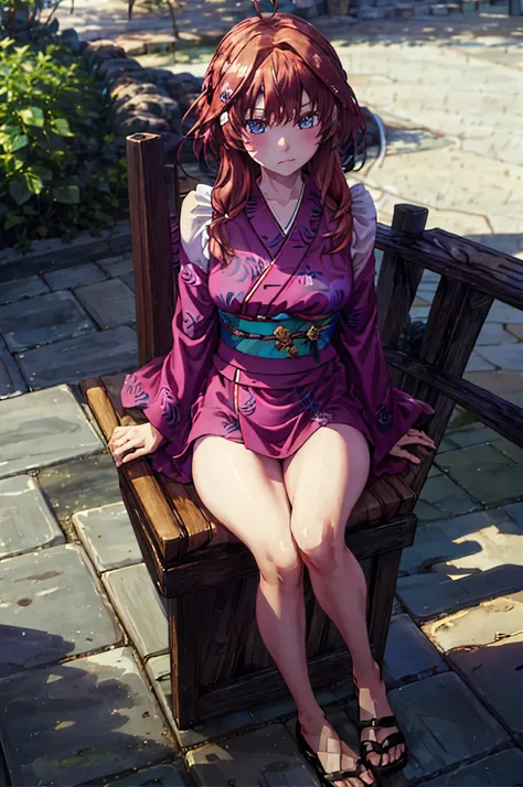 (Masterpiece, Best Quality:1.2), solo, 1girl, Itsuki  ,unamused, closed mouth, looking a viewer, hand on our face, sitting, Short black kimono ,big thighs,crossed legs