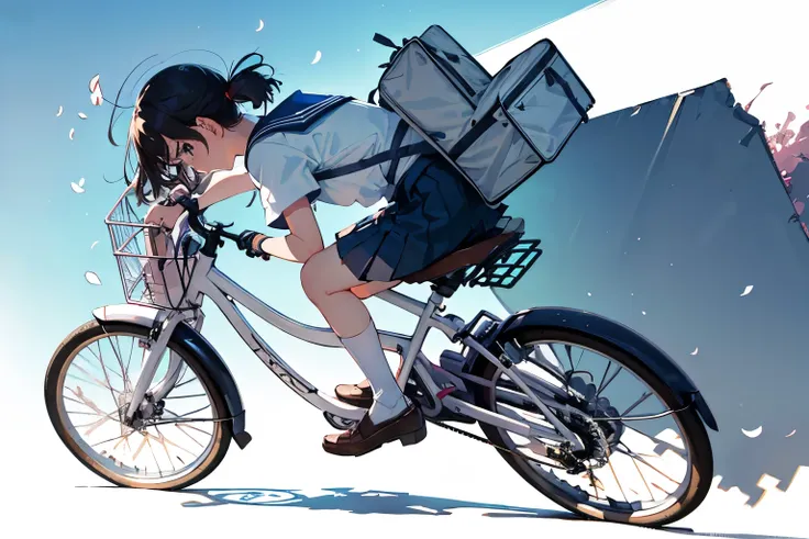 (masterpiece, highest quality:1.2), Reality、4K Anime Art、High school girl riding a bicycle, alone、whole body、Short Hair、White Sailor Suit，Long pleated skirt、Fluttering cherry blossoms, Pastel colored school building background, Pannier basket filled with t...