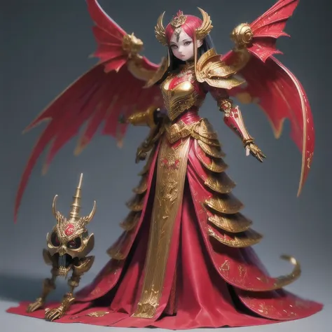 araffe skeleton in a red and gold costume with wings, saint skeleton queen, red demon armor, lady in red armor, wearing a skelet...