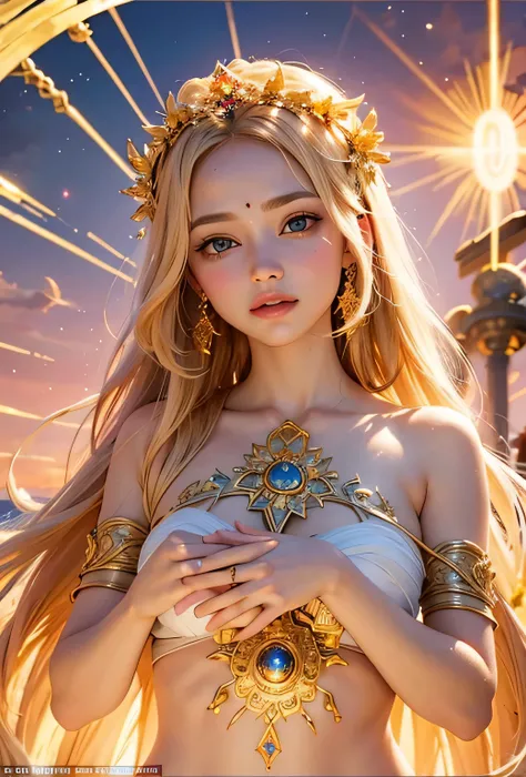 "Maiden of the Sun": Within a sacred sanctuary bathed in sunlight, depict the figure of a sun goddess, facing forward and emanating divine radiance, with golden hair, as she gazes towards us. Zoom in to focus on her face, with light orbs gleaming in her ha...