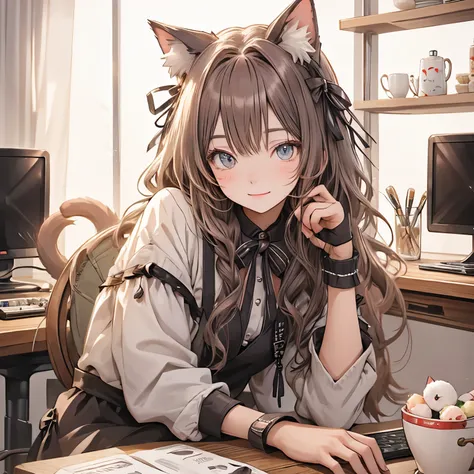 Cat ears with ribbon、Round counter bar、Korean、Stylish、computer、sweets、Sit on a chair、smile、interior