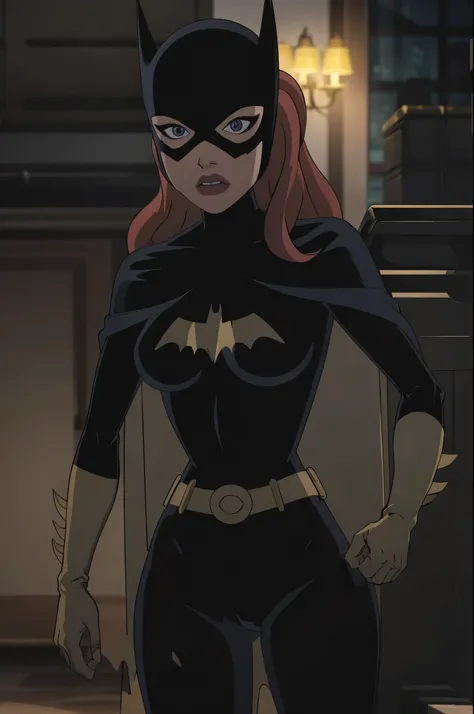 masterpiece, best quality, 1girl, solo, high resolution,
CARTOON_batgirl_ownwaifu, mask, long hair, green eyes, bodysuit, breasts, cape, domino mask, belt, medium breasts, superhero, gloves, lips, black bodysuit, helmet, belt buckle, horns, bat_print, bag,