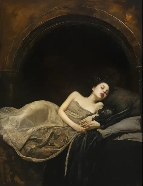 James Gurney, Surrealist art , dream-like, Mysterious, Provocative, symbolic, Complex, detailed,, (Gothic but very beautiful:1.4), (masterpiece, highest quality:1.4) , Nicola Samori Style, asleep awake 