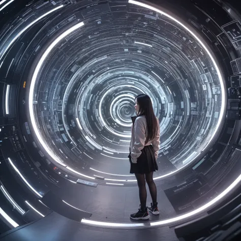 Best quality，masterpiece，16k,Artistic，Polar coordinates luminous tunnel，In the curved space-time channel，In the space-time wormhole，Science Fiction，Complex structure，1girl，Dynamic poses，Looking at the camera，