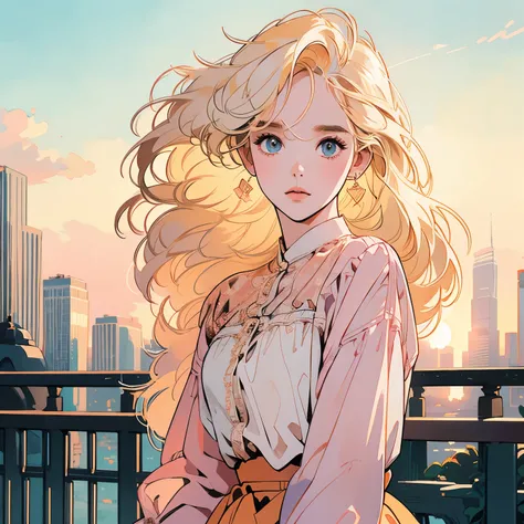 whole body、Kind Face、1 pretty woman、White blouse、Pedestrian bridge、skyscraper、Sunset、Complex background、Detailed Hair、pale golden hair、Faint lighting、There is movement