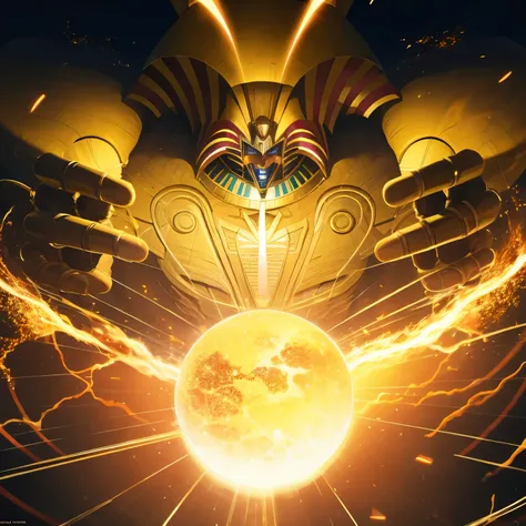 Um altamente detalhado, cinematic, hiper-realista, Obra-prima 8k de Exodia, the legendary Egyptian villain, posing at angles , nervoso, e postura gigantesca, creating a powerful lightning orb, with high contrast and an amber color palette, wearing intricat...