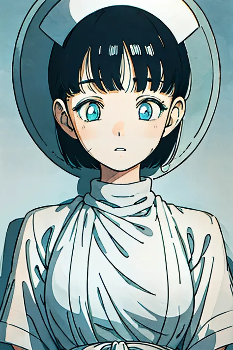 The background is plain white, upper body, detailed face, black hair, kind nurse, high quality, light blue clothes, ((gentle expression:1.5)), light blue eyes, short hair, round eyes,blunt bangs, nurse hat,((one woman:1.1))