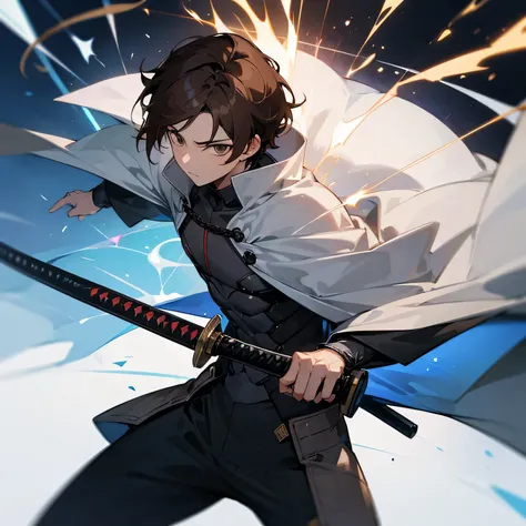 1 male,brown hair,spell,high tech suit,gray eyes,future world,holding a katana sword,world spell