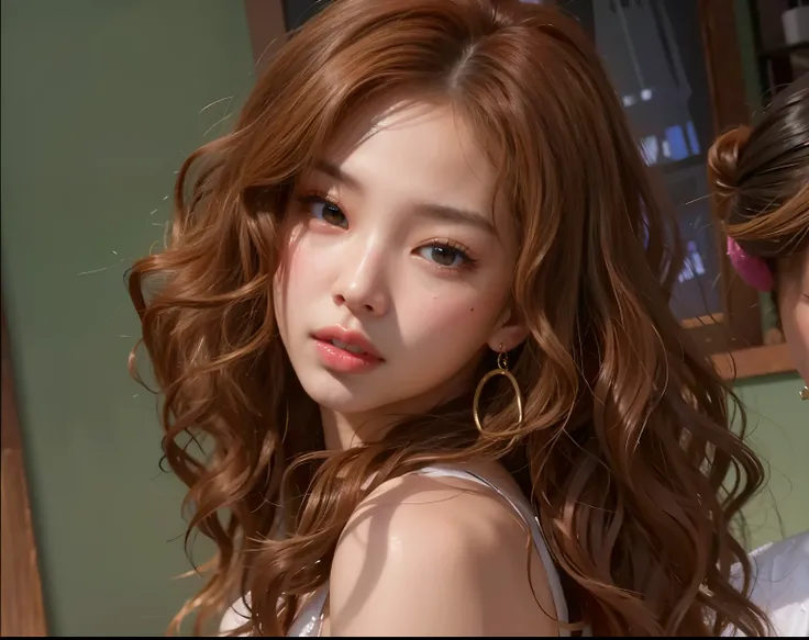 Jenni Blackpink HD com o cabelo bastante cacheado with cute lips and huge, an Asian adult woman , beautiful hair, Arms pretty , seios grandes , fleshy lips, olhos bonitos, olhos bem bonitos