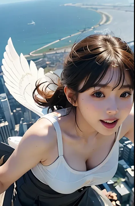 girl flying in sky, bluesky, wind, birds, Japanese city, BREAK, (masterpiece, best quality, ultra detailed, (detailed face), 8k), BREAK, (1 girls, ((Japanese girl)), archangel, angel-ring over her head, 13 yo, (cute round childish) face, ((see-through)) se...