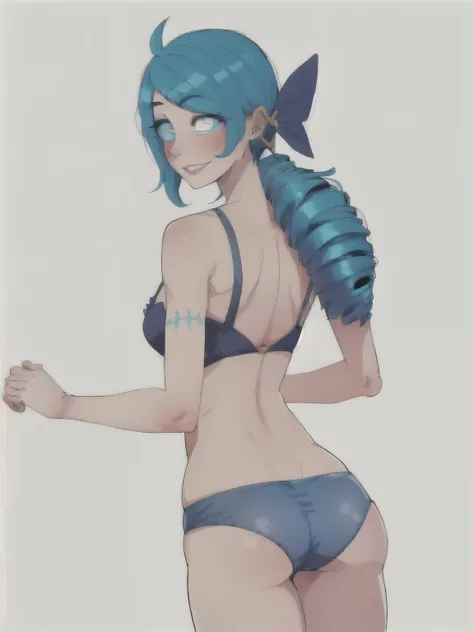 1 Girl, Blue eyes, blue hair, Drill hair, gwen (League of Legends), in blue underwear, hair ornament, a high resolution, League of Legends, long hair, parted lips, pink pupils, smile, X, X hair ornament, back view