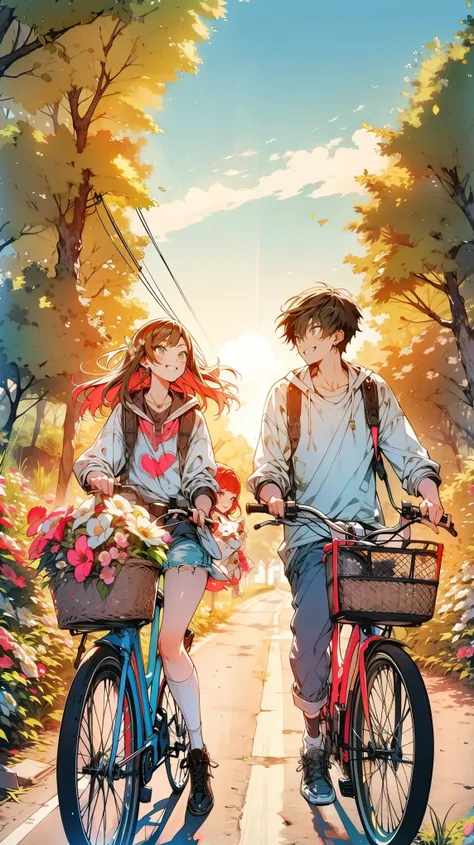 thin outlines, anime style, cool and edgy, A young couple riding bicycles along a sunlit country road, surrounded by blooming flowers and lush greenery, their faces beaming with happiness. Bright, vivid colors, cinematic angle, high detail, nostalgic, fash...