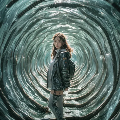 Best quality，masterpiece，16k,Artistic，Polar Coordinate Tunnel，A tunnel surrounded by sea waves，Special effect，Inception，Science Fiction，Complex structure，1girl，Dynamic poses，Looking at the camera，