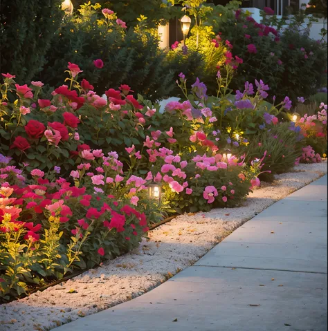 There are flowers in the garden beside the sidewalk，There are fire hydrants, Blooming Lights, Rose pink light, garden with flower beds, Summer lighting, 柔和lights with bloom, Lush Outdoors, Flowers in the flower bed, The award-winning, The award-winning, Ni...