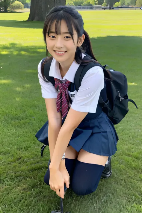 ((masterpiece)), japanese, (a girl), (18 years old), (((school uniform))), smiling, a park, dark blue knit vest, (crouch down on grass), (view from front), blue sky, thighs, 