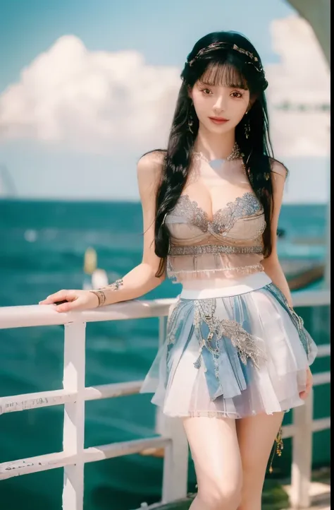 Beautiful woman with perfect body：1.4，Layered Hairstyle，Prominent cleavage：1.2，Highly detailed face and skin textures，Double eyelids，Skin Whitening，Long hair，Whitened long legs，（White shirt，Pleated Skirt）Standing by the sea