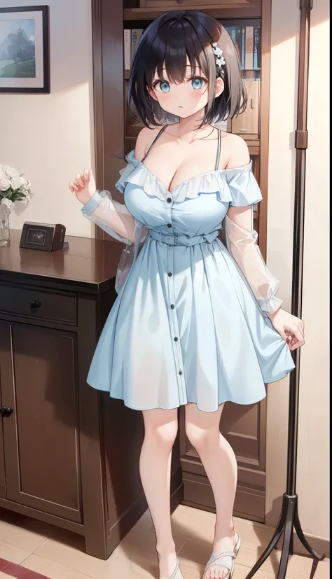 One Girl、positive、Standing posture、Full body portrait、Black Hair、Medium Haircut、blush、Absolute area、No panties、No bra、barefoot、Light blue dress、Off-the-shoulder dress、(Very large breasts)、Cleavage、((Lesbians around the world))、masterpiece、(highest quality)...