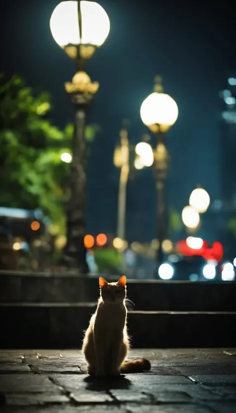 masterpiece, highest quality, approaching perfection, (perfect photo:1.1), (high detail:1.1), midnight, night, street lights, sidewalks, Jakarta cit, quiet, no human, small cat