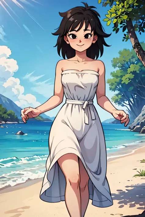 anime screencap, masterpiece, best quality, highres, outdoors, small breasts, gine, spiky black hair, 1 girl, Solo, Black Eyes, Good hands are down, Smile, Blushing, Bare Neck, Bare Shoulders, strapless, white dress, White Ruffle off-the-shoulder maxi dres...