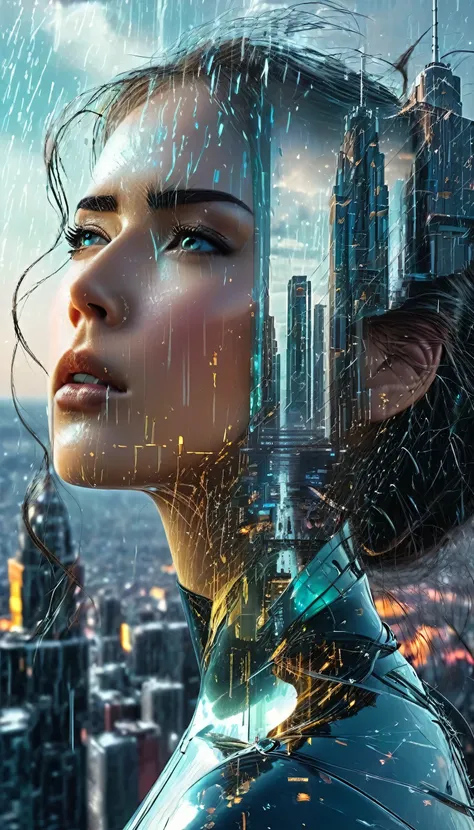 a melancholic android woman, detailed face with human emotion and cybernetic disintegration, gazing out on a dystopian cityscape, tears streaming down cheeks like digital rain, neon lights of the metropolis seeping into her being, blurring lines between re...