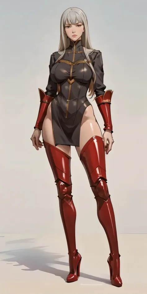 (Masterpiece, plain background:1.2) 1sologirl standing straightforward symmetrical wearing only red high heels 👠, Selvaria Bles
