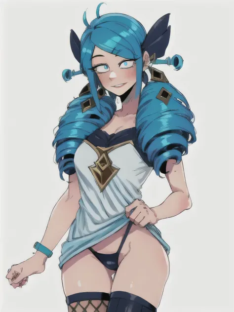 1 girl, Blue eyes, blue hair, Drill hair, gwen (League of Legends), in a white top and thong, hair ornament, a high resolution, League of Legends, long hair, parted lips, pink pupils, smile, X, X hair ornament,